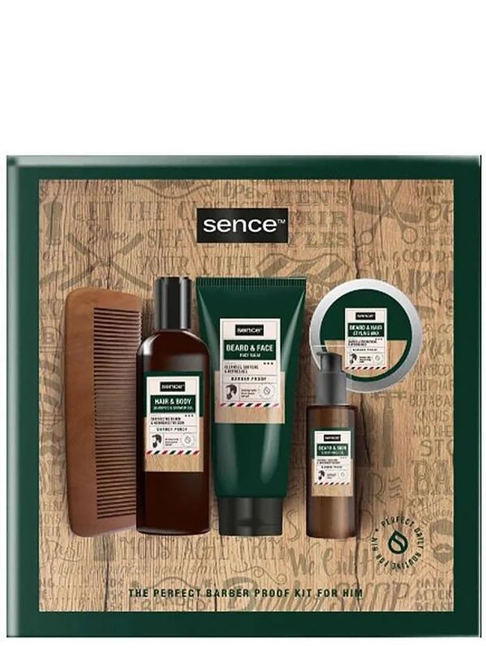 Sence Collection set pentru barba & par:Sampon&Gel de dus+Balsam fata+Ceara+Ulei+Pieptan150+75+75+60