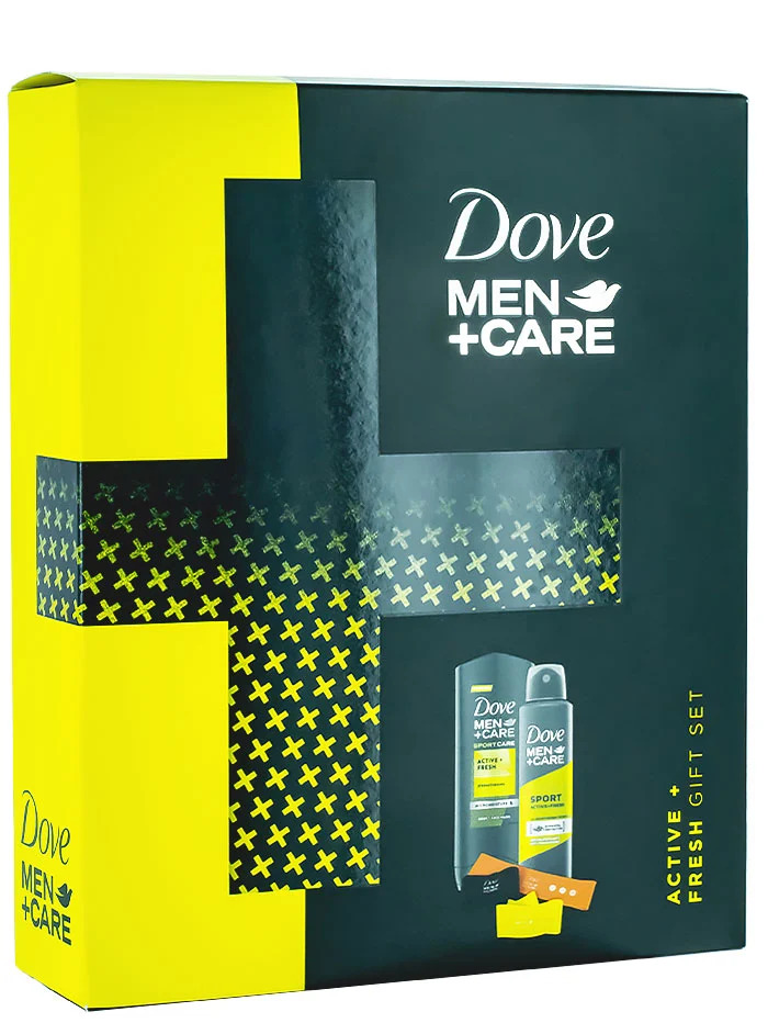 Dove caseta barbati:gel de dus+spray deodorant 250 ml+150 ml+benzi elastice fitness 3 buc