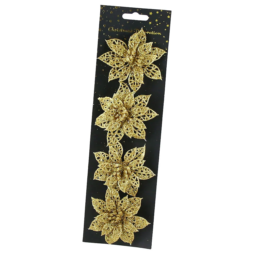 Set 4 ornament brad cu clama Floare 8 cm din plastic Auriu/Maro