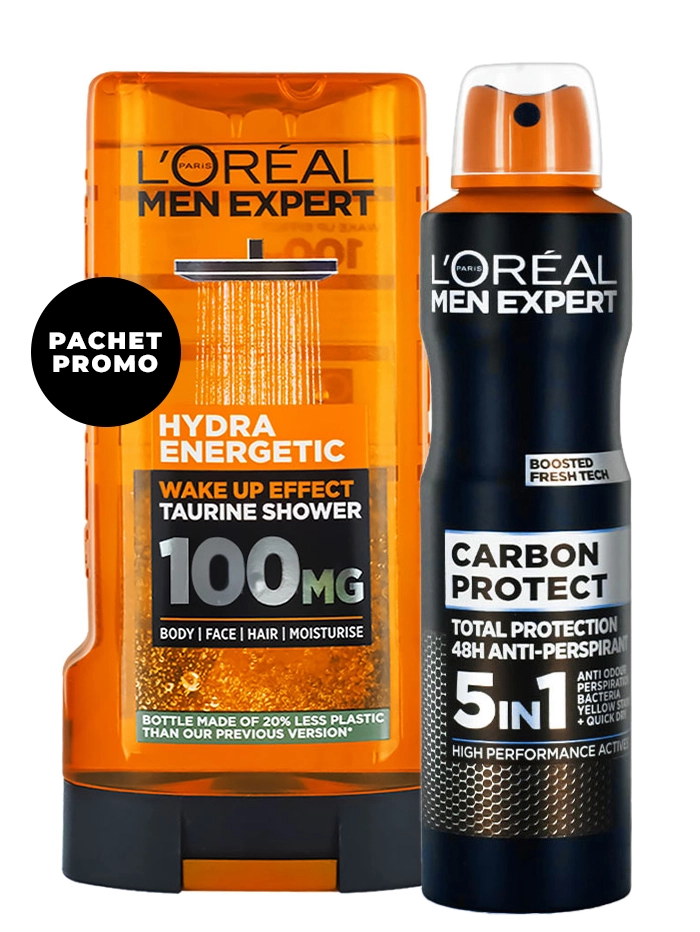 PROMO Loreal Gel de dus 300 ml Hydra Energetic+Spray deodorant barbati 150 ml 5in1 Carbon Protect