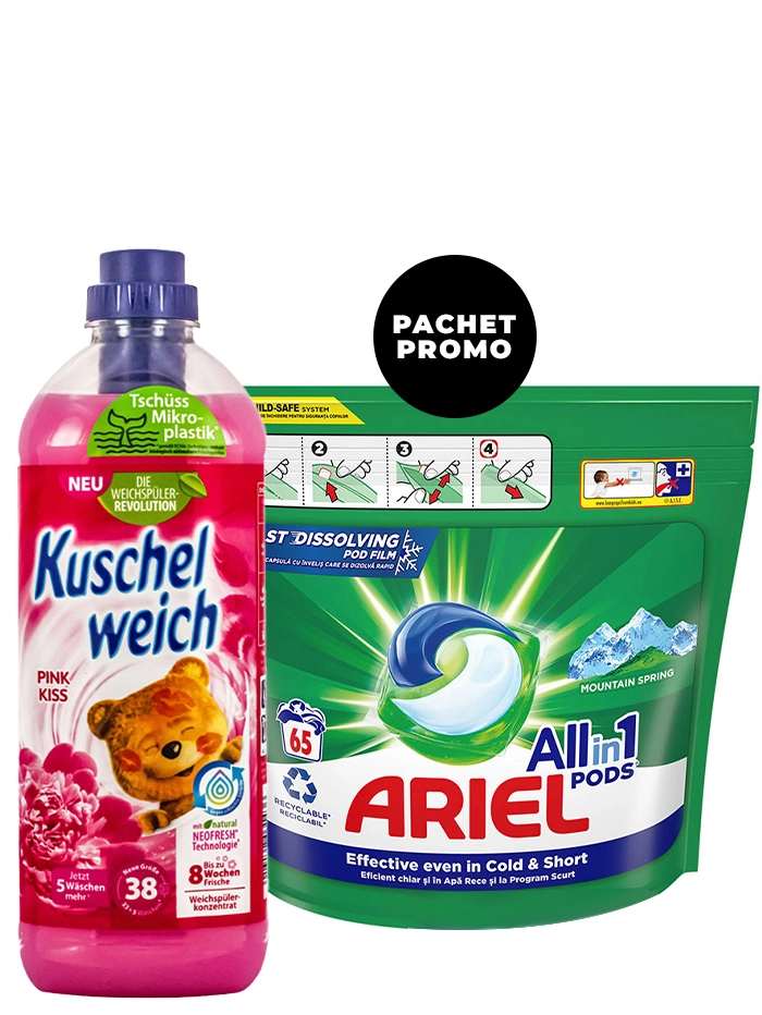 PROMO Ariel Detergent Capsule 65 buc All in 1 Mountain Spring+Kuschelweich Balsam de rufe 1L
