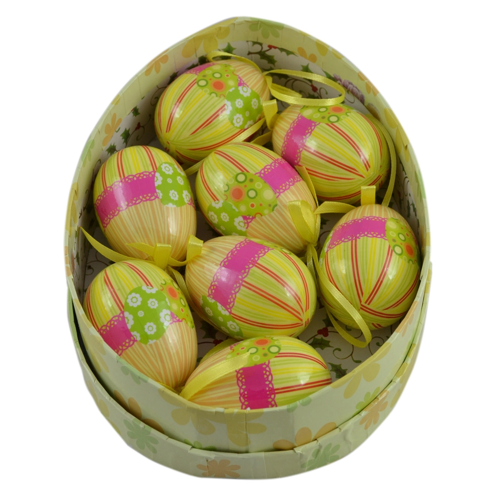 Set 8 oua decorative cu agatatoare pentru Pasti 7.5 cm, Design cu dungi si dantela