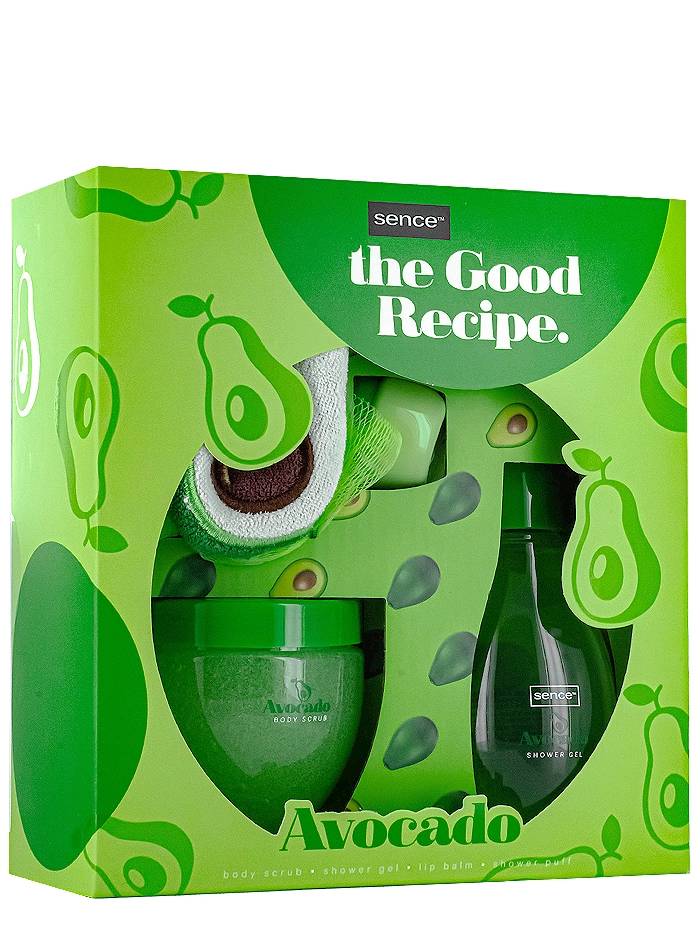 Sence Collection Caseta femei:Balsam de buze+ Gel de dus+ Scrub+Burete de baie 10+150+200ml Avocado