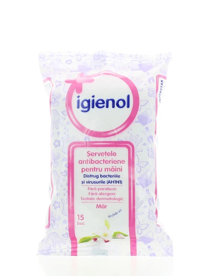 Igienol servetele antibacteriene pentru maini 15buc mar