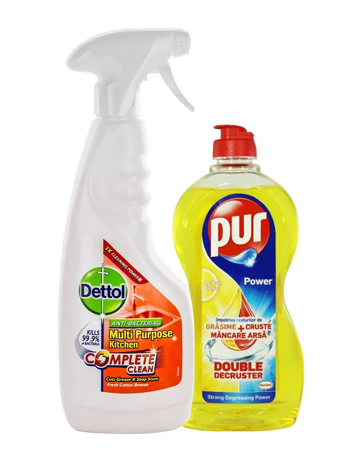 Promo!Dettol Solutie Curatat Bucatarie Cu Pompa 440 Ml Fresh Cotton+Pur Detergent Pentru Vase 400 Ml