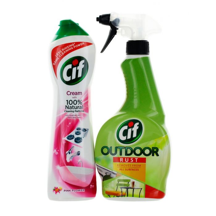 Cif Crema abraziva 500 ml Pink + Cif Solutie curatat suprafete metalice de exterior 450 ml Outdoor Rust