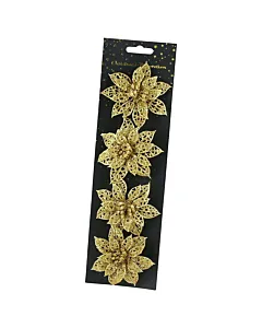 Set 4 ornament brad cu clama Floare 8 cm din plastic Auriu/Maro