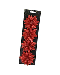 Set 4 ornament brad cu clama Floare 8 cm din plastic Alb/Rosu