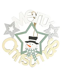 Decor pentru usa din lemn Merry Christmas Om de zapada 22 cm