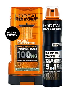 PROMO Loreal Gel de dus 300 ml Hydra Energetic+Spray deodorant barbati 150 ml 5in1 Carbon Protect
