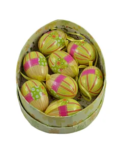 Set 8 oua decorative cu agatatoare pentru Pasti 7.5 cm, Design cu dungi si dantela 