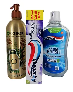 PROMO!Aquafresh Apa de gura 500ml Extra+Aquafresh Pasta de dinti 100 ml Active+Garnier Recipient gol