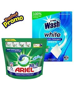 PROMO Ariel Detergent Capsule 65 buc + GRATIS At Home Detergent de rufe benzi-foi 30 buc White