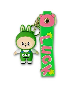 Breloc Labubu verde cu mascotă amuzantă și curea „Luck”