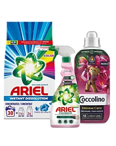Pachet Ariel Color 2,25 kg + Ariel spray pete 750 ml + Coccolino Pink Boost 980 ml
