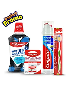 Pachet Colgate 4-în-1 – pastă de dinți cu pompă, ață dentară, periuță Classic Deep Clean și apă de gură White+Charcoal