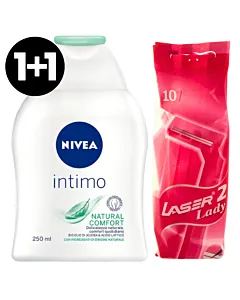 Promo Nivea Gel intim 250 ml Natural Comfort + GRATIS Laser aparate de ras femei 10 buc – set igienă intimă și epilare