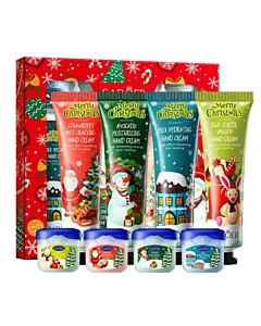 Sadoer Set de Crăciun – 4 creme de mâini 30 g + 4 balsamuri de buze 7 g în ambalaj festiv — hidratare și reparare