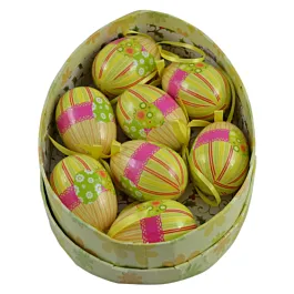 Set 8 oua decorative cu agatatoare pentru Pasti 7.5 cm, Design cu dungi si dantela 